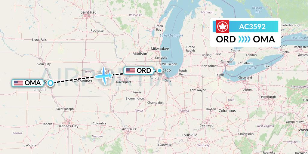 AC3592 Air Canada Flight Map: Chicago to Omaha
