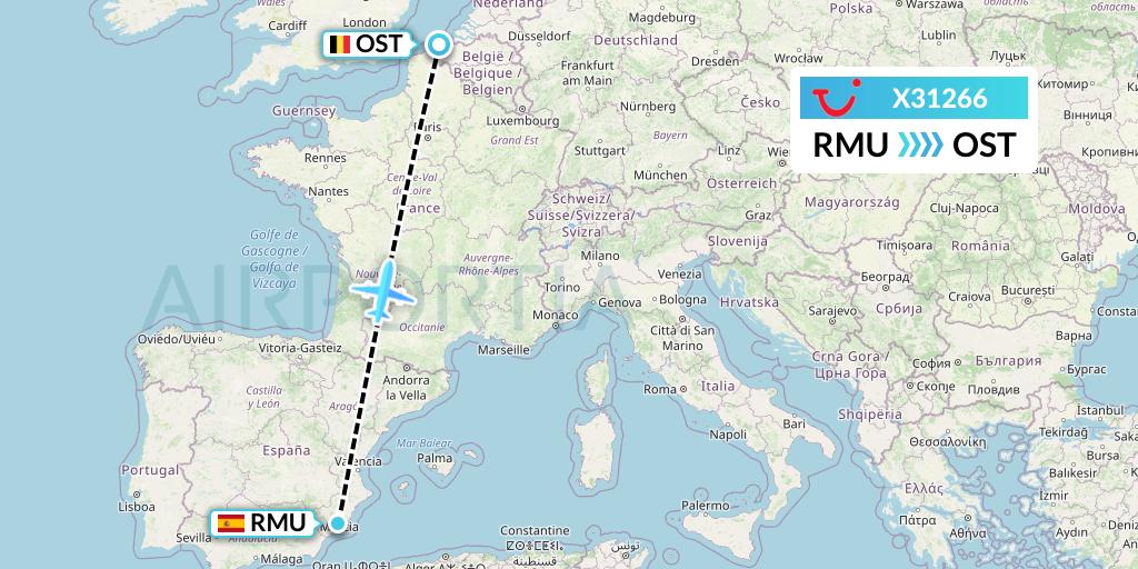 X31266 TUI fly Germany Flight Map: Murcia to Ostend