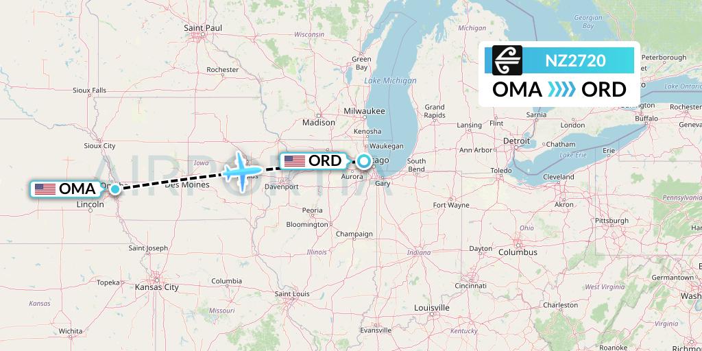 NZ2720 Air New Zealand Flight Map: Omaha to Chicago