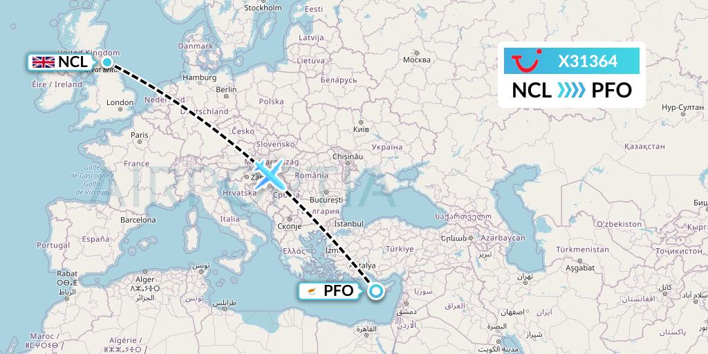 X31364 TUI fly Germany Flight Map: Newcastle to Pafos