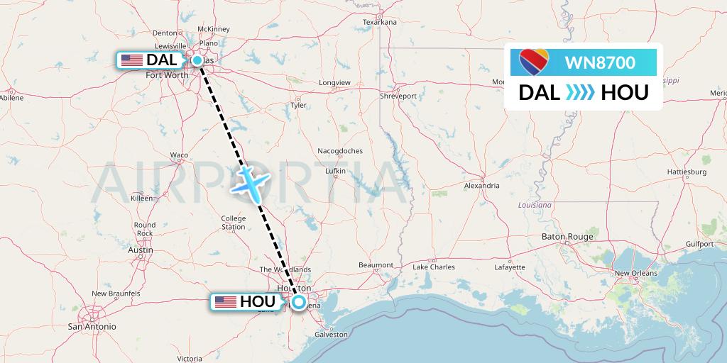 WN8700 Southwest Airlines Flight Map: Dallas to Houston