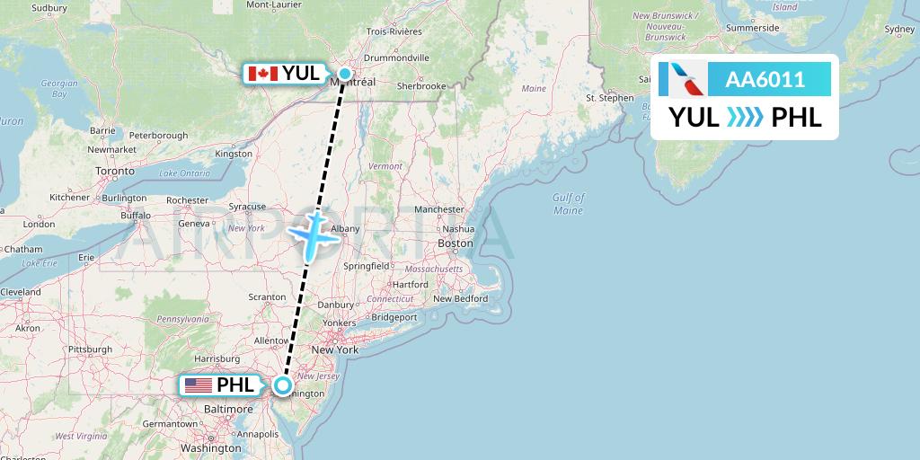 AA6011 American Airlines Flight Map: Montreal to Philadelphia