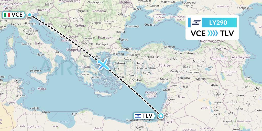 LY290 El Al Flight Map: Venice to Tel Aviv