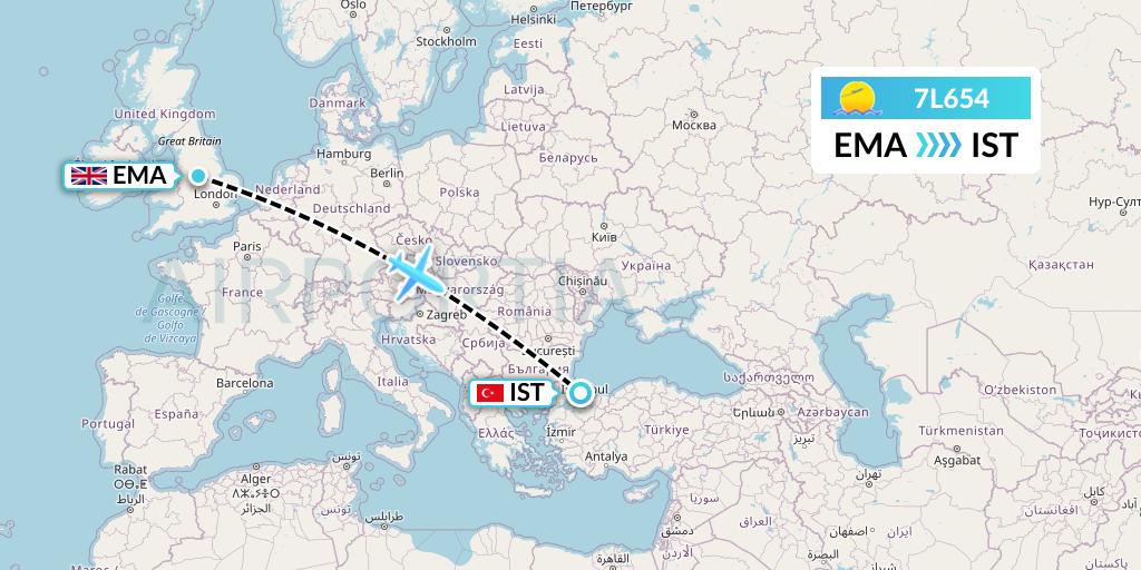 7L654 Silk Way West Airlines Flight Map: East Midlands to Istanbul
