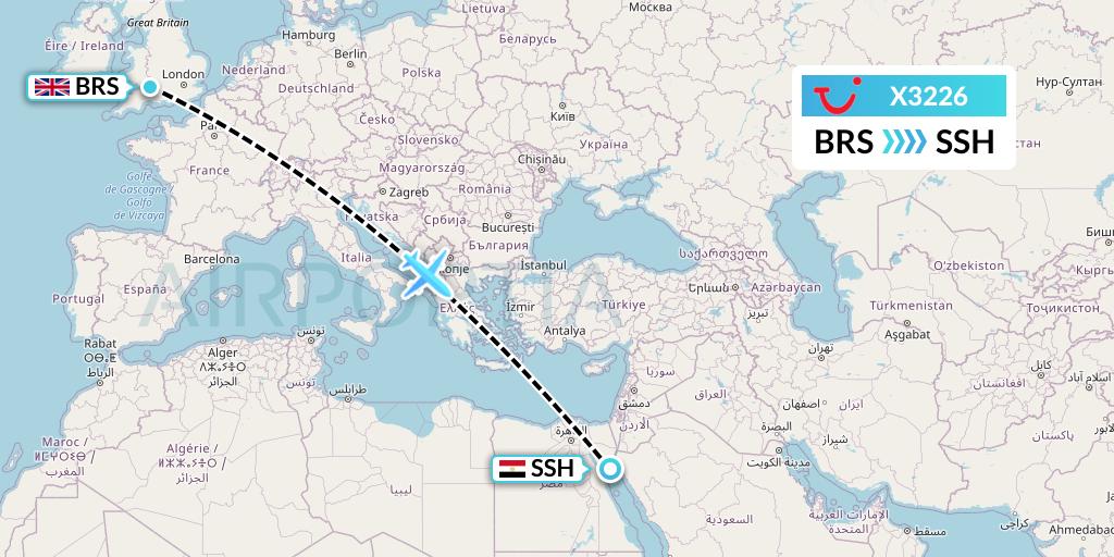 X3226 TUI fly Germany Flight Map: Bristol to Sharm el-Sheikh
