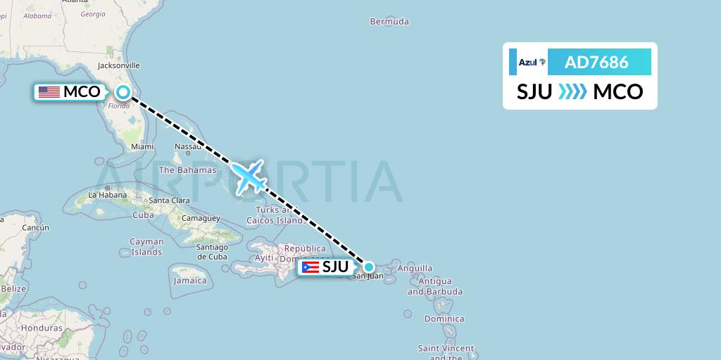 AD7686 Azul Brazilian Airlines Flight Map: San Juan to Orlando