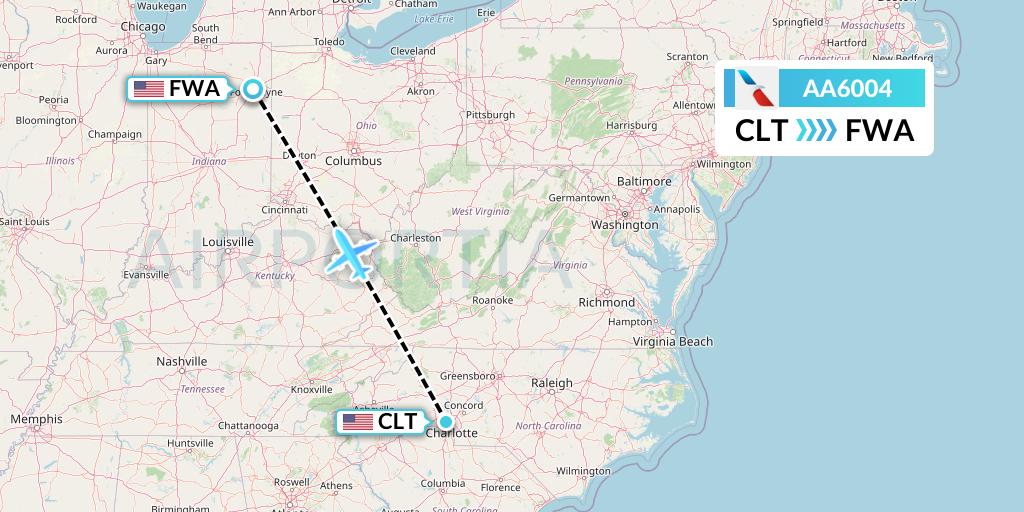 AA6004 American Airlines Flight Map: Charlotte to Fort Wayne