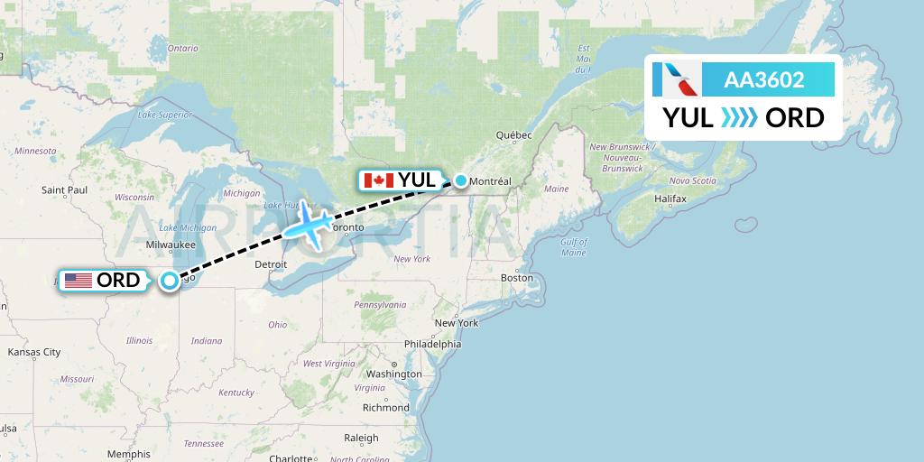 AA3602 American Airlines Flight Map: Montreal to Chicago