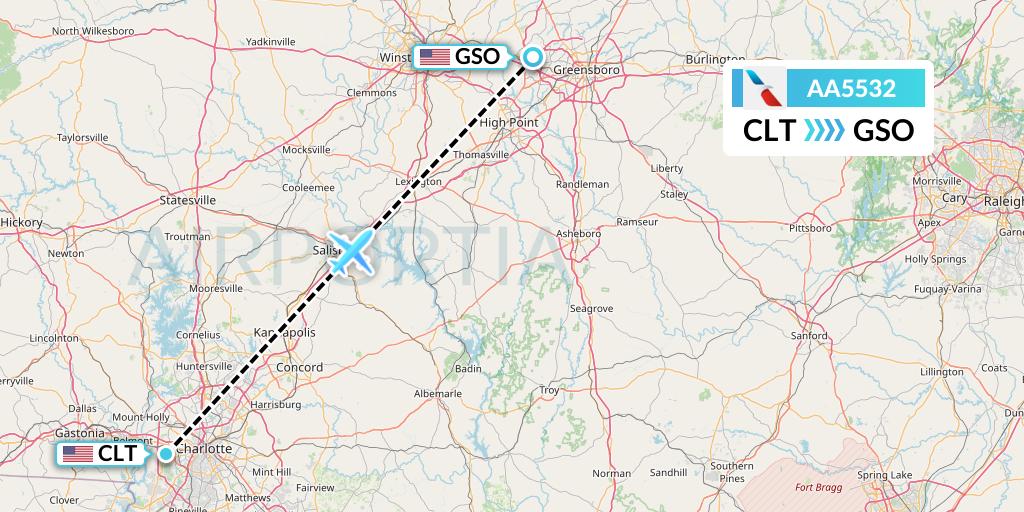 AA5532 American Airlines Flight Map: Charlotte to Greensboro