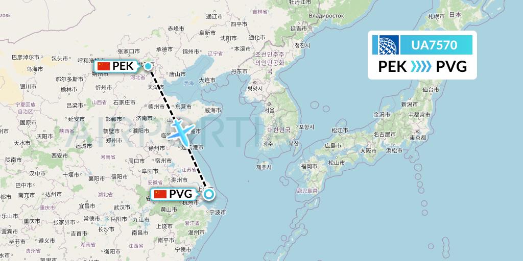 UA7570 United Airlines Flight Map: Beijing to Shanghai