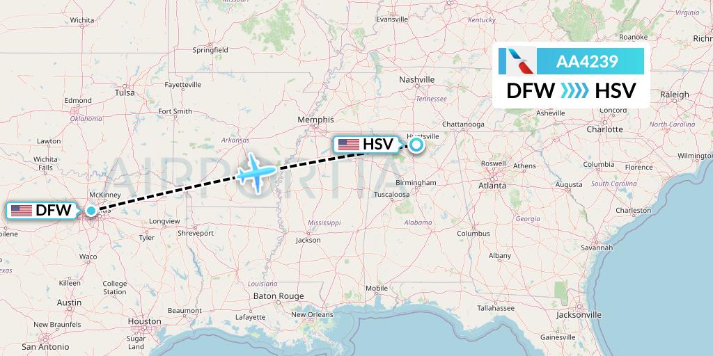 AA4239 American Airlines Flight Map: Dallas to Huntsville