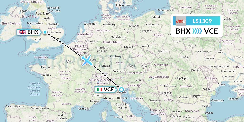 LS1309 Jet2 Flight Map: Birmingham to Venice