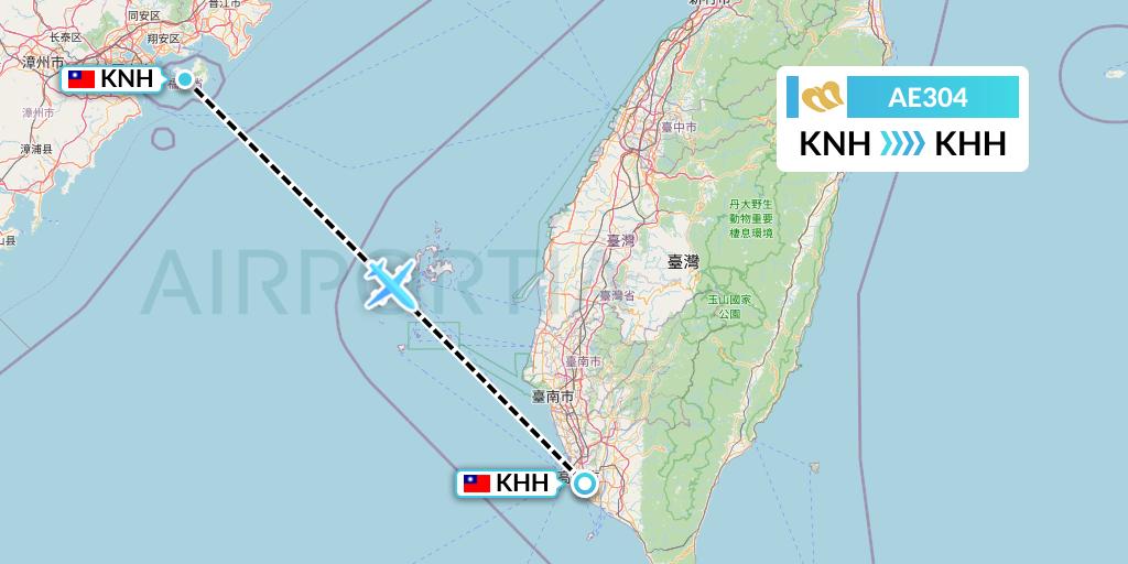 AE304 Mandarin Airlines Flight Map: Kinmen to Kaohsiung