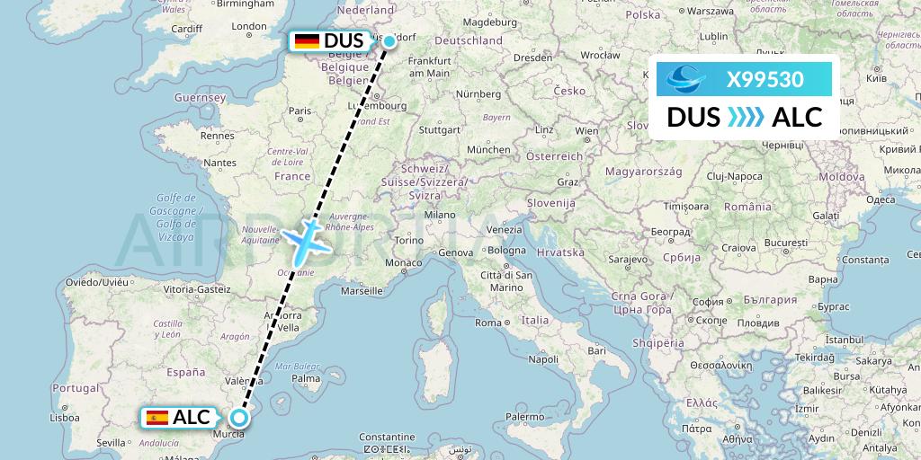 X99530 Avion Express Flight Map: Dusseldorf to Alicante