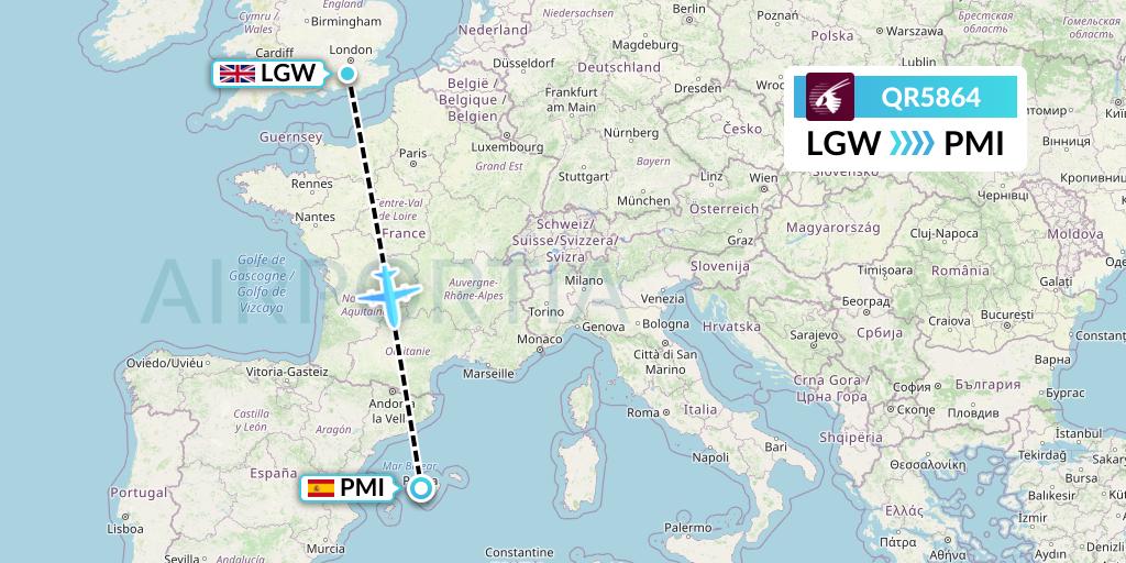 QR5864 Qatar Airways Flight Map: London to Palma de Mallorca
