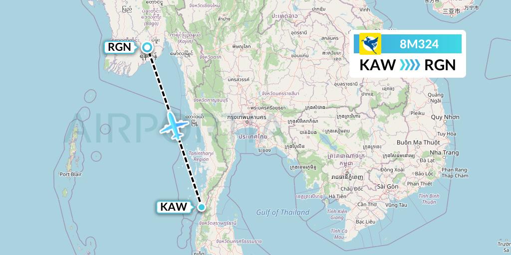 8M324 Myanmar Airways International Flight Map: Kawthaung to Yangon
