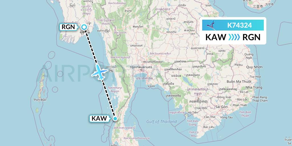 K74324 Air KBZ Flight Map: Kawthaung to Yangon