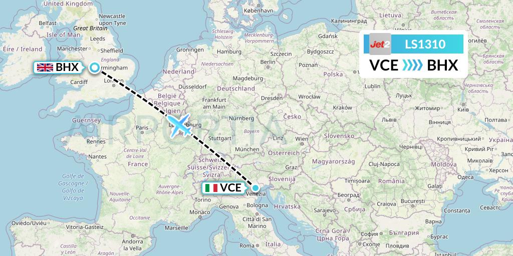 LS1310 Jet2 Flight Map: Venice to Birmingham