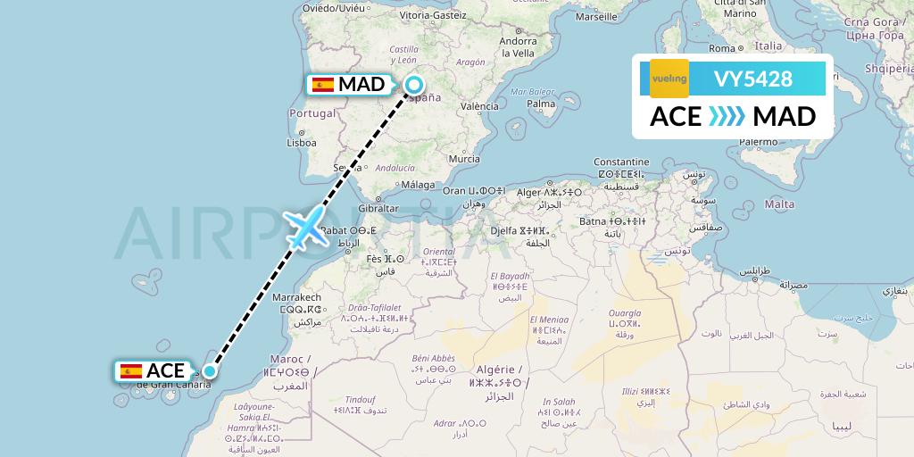 VY5428 Vueling Flight Map: Lanzarote to Madrid