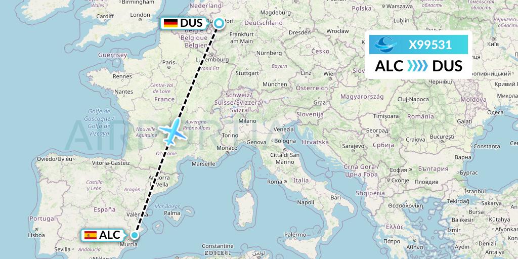 X99531 Avion Express Flight Map: Alicante to Dusseldorf