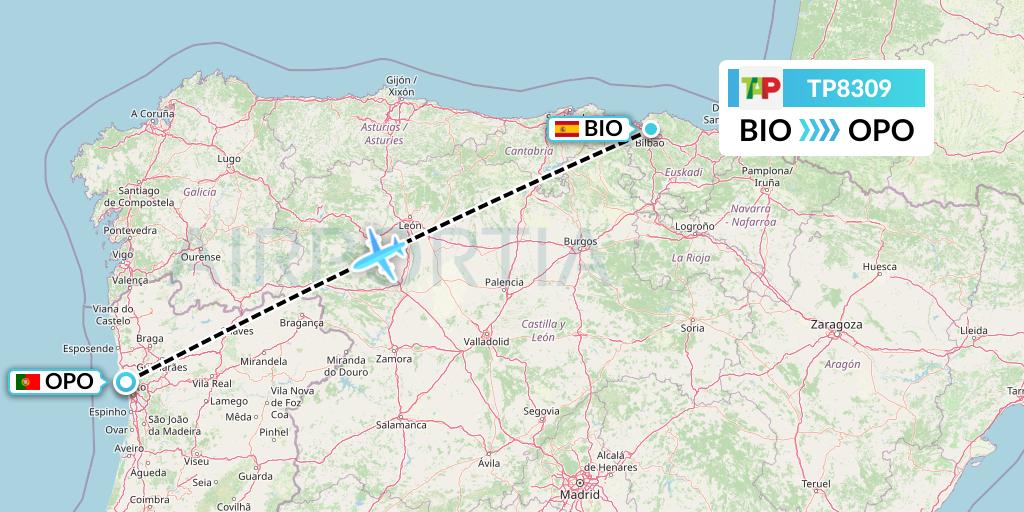 TP8309 TAP Portugal Flight Map: Bilbao to Porto