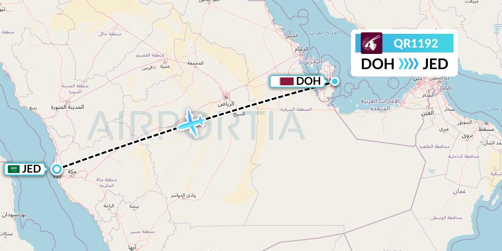 QR1192 Qatar Airways Flight Map: Doha to Jeddah