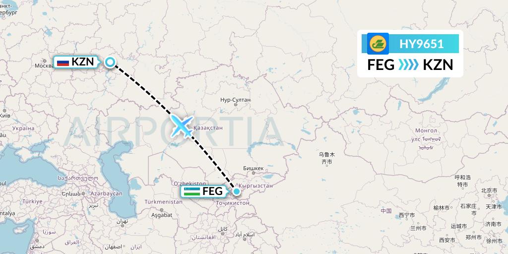 HY9651 Uzbekistan Airways Flight Map: Fergana to Kazan