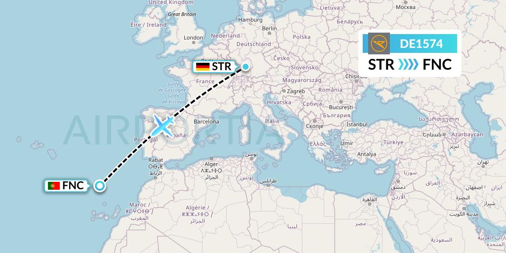 DE1574 Condor Flight Map: Stuttgart to Funchal