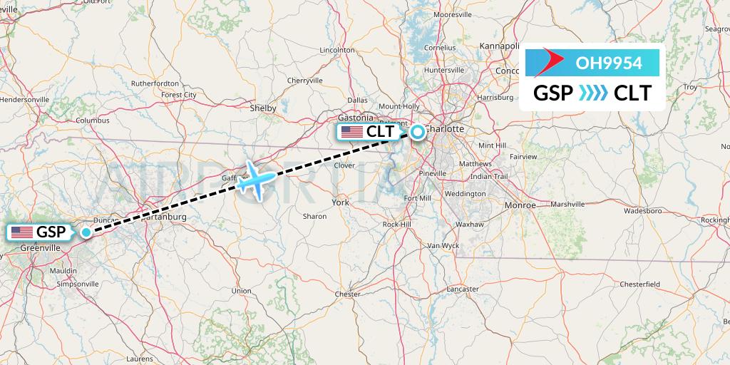 OH9954 PSA Airlines Flight Map: Greenville-Spartanburg to Charlotte