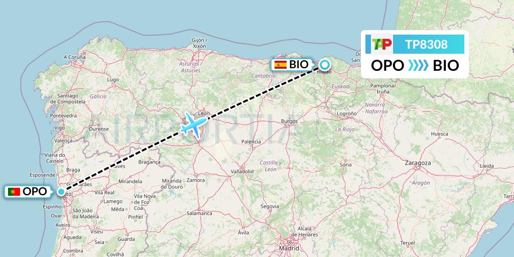 TP8308 TAP Portugal Flight Map: Porto to Bilbao