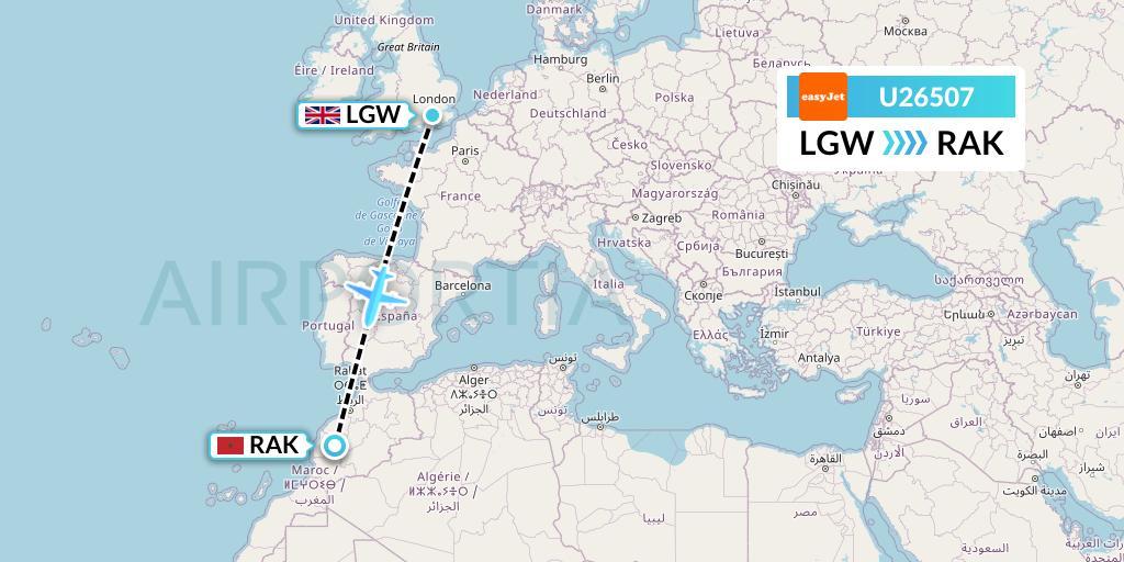 U26507 EasyJet Flight Map: London to Marrakesh 