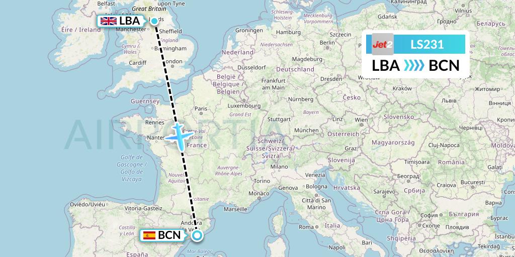 LS231 Jet2 Flight Map: Leeds to Barcelona
