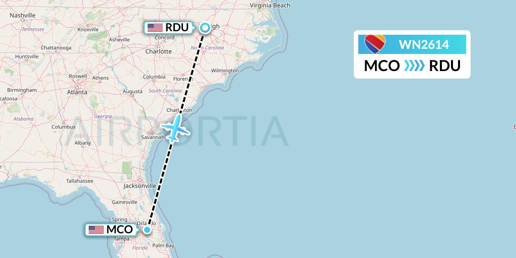 WN2614 Southwest Airlines Flight Map: Orlando to Raleigh-Durham