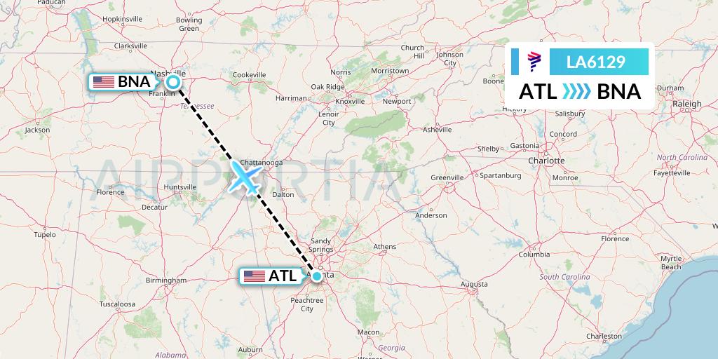 LA6129 LAN Airlines Flight Map: Atlanta to Nashville