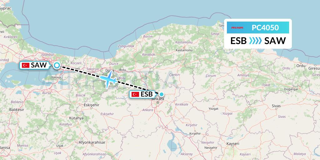 PC4050 Pegasus Airlines Flight Map: Ankara to Istanbul