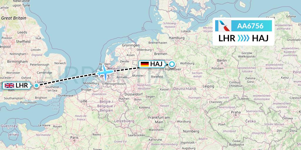 AA6756 American Airlines Flight Map: London to Hannover