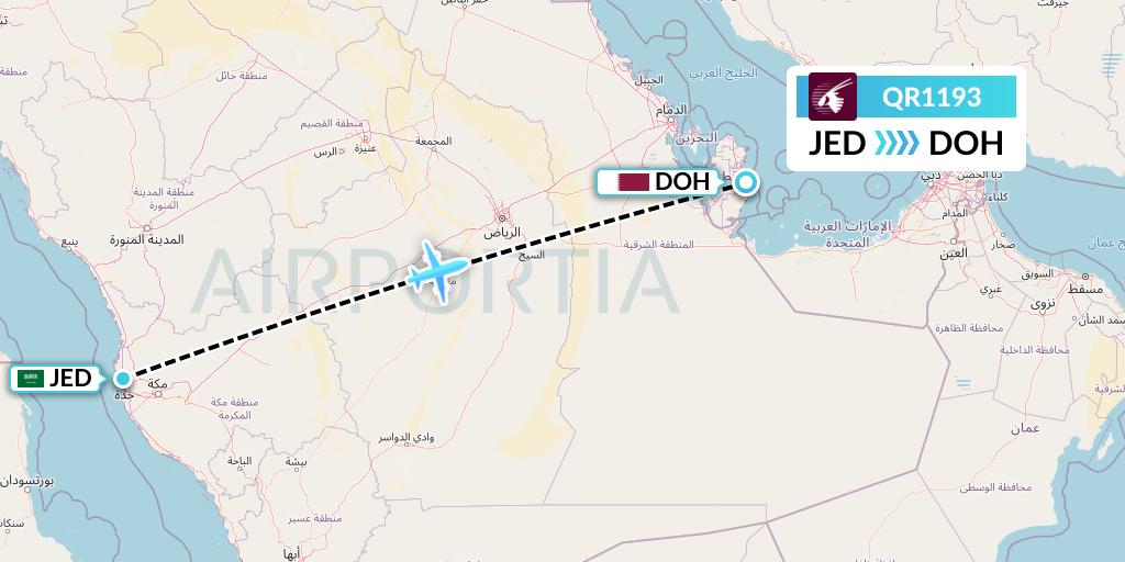 QR1193 Qatar Airways Flight Map: Jeddah to Doha