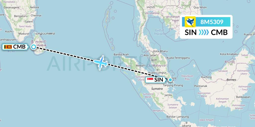8M5309 Myanmar Airways International Flight Map: Singapore to Colombo