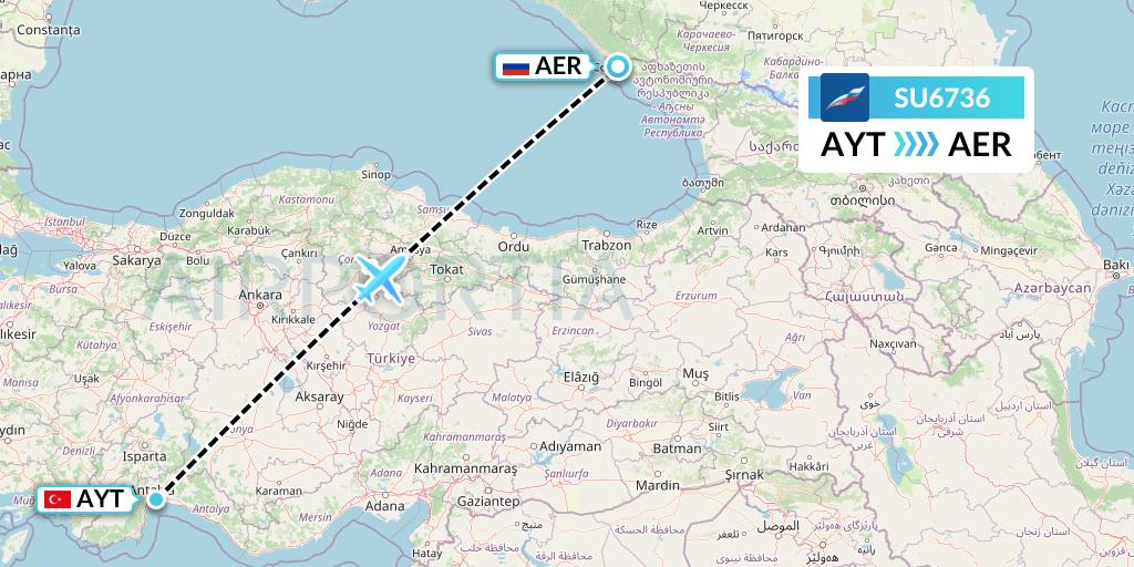 SU6736 Aeroflot Flight Map: Antalya to Sochi