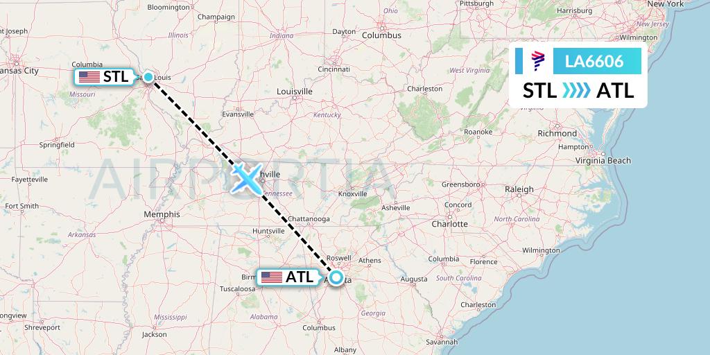 LA6606 LAN Airlines Flight Map: St. Louis to Atlanta