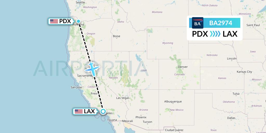 BA2974 British Airways Flight Map: Portland to Los Angeles