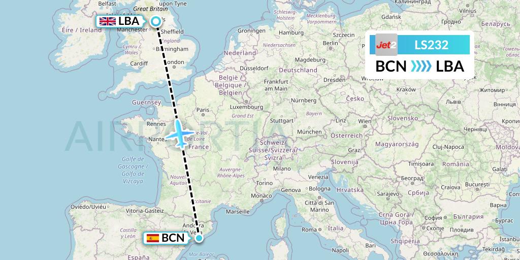LS232 Jet2 Flight Map: Barcelona to Leeds