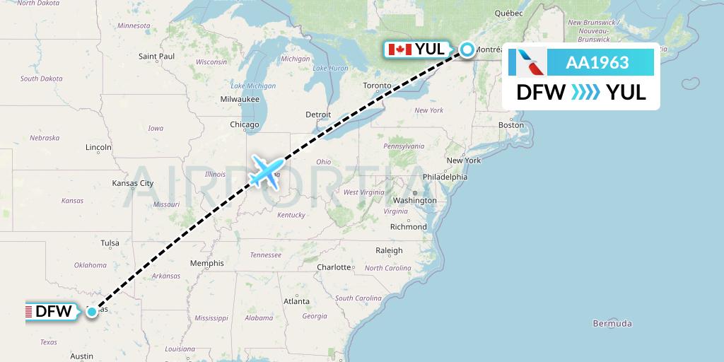 AA1963 American Airlines Flight Map: Dallas to Montreal