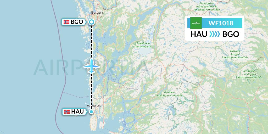 WF1018 Wideroe Flight Map: Haugesund to Bergen