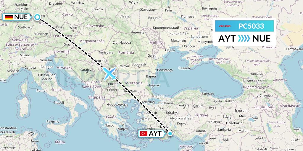 PC5033 Pegasus Airlines Flight Map: Antalya to Nurnberg