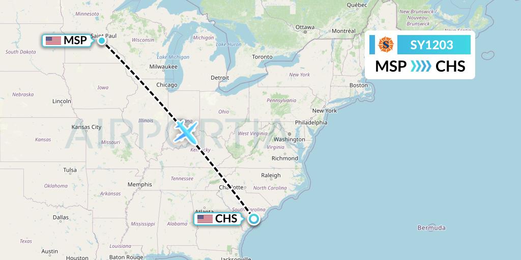 SY1203 Sun Country Airlines Flight Map: Minneapolis to Charleston