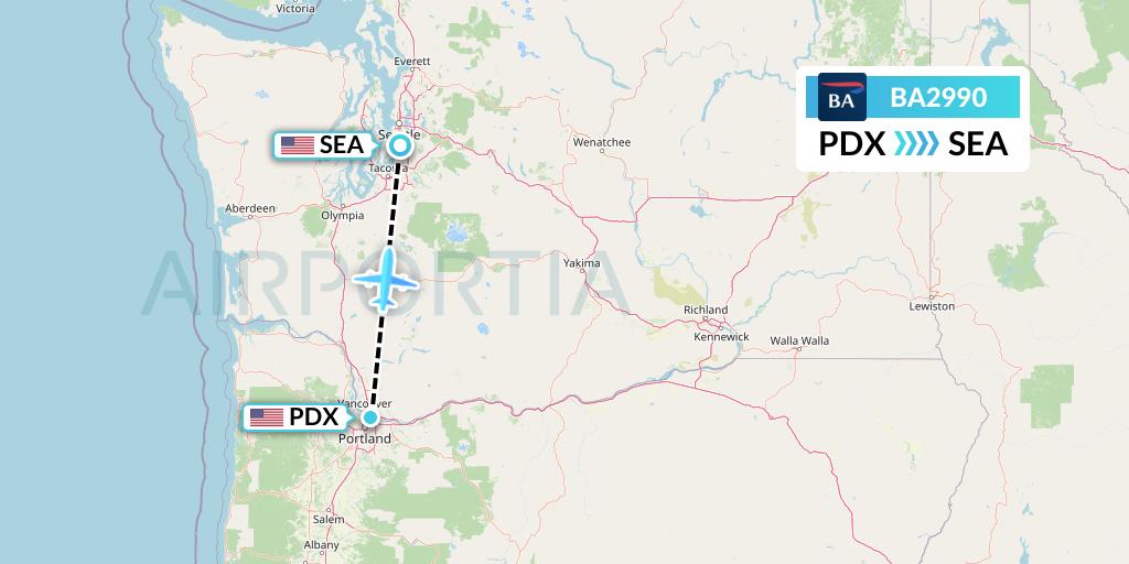 BA2990 British Airways Flight Map: Portland to Seattle