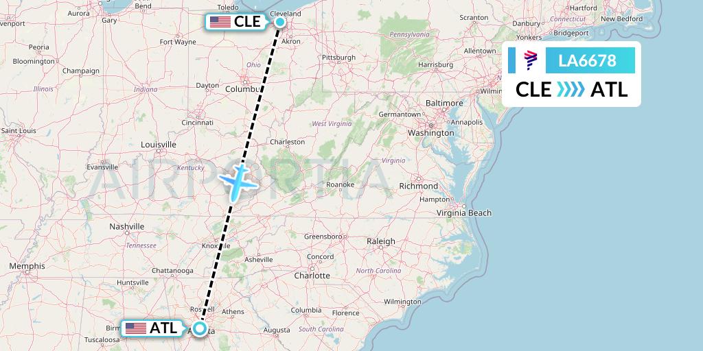 LA6678 LAN Airlines Flight Map: Cleveland to Atlanta