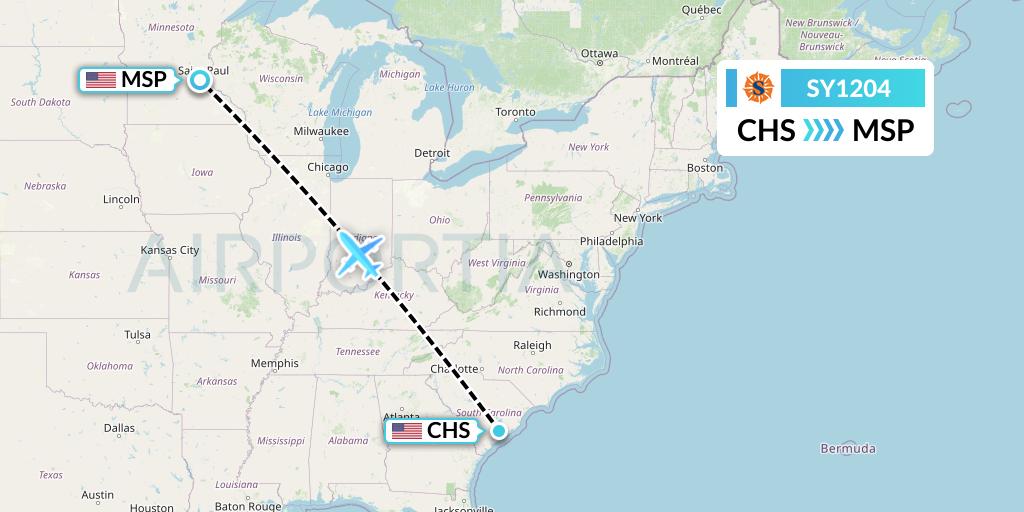 SY1204 Sun Country Airlines Flight Map: Charleston to Minneapolis