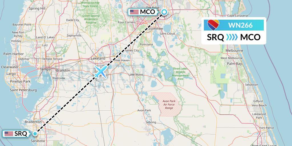 WN266 Southwest Airlines Flight Map: Sarasota to Orlando